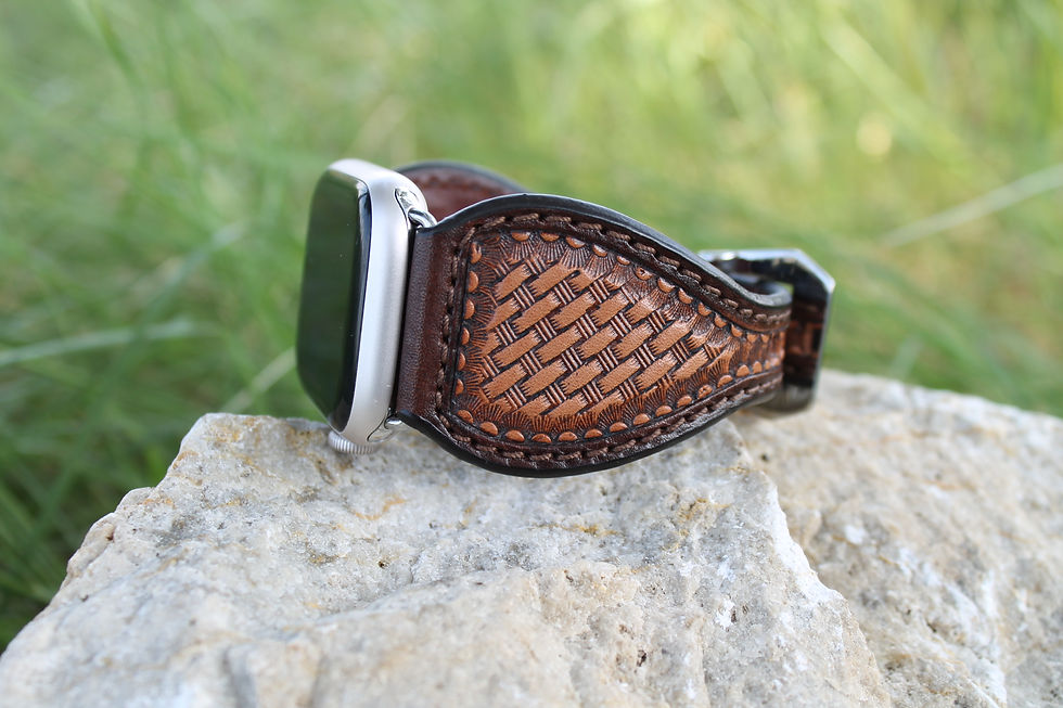 Leather Watch Band - Hand Stamped Basket Weave, Brown