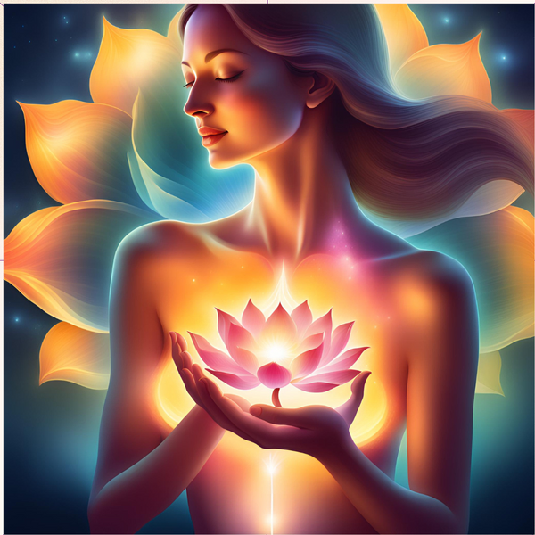 Imagen de una mujer radiante conectando con su poder interior y espiritual. Con una flor de loto brillante en sus manos, esta imagen simboliza la energía transformadora del bienestar holístico. Ideal para representar programas de crecimiento personal, equilibrio emocional y conexión espiritual. Perfecta para contenido sobre desarrollo personal, meditación, y autocuidado integral.