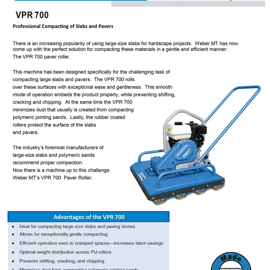 Weber VPR 700 paver roller specifications and performance data for hardscape and landscaping projects