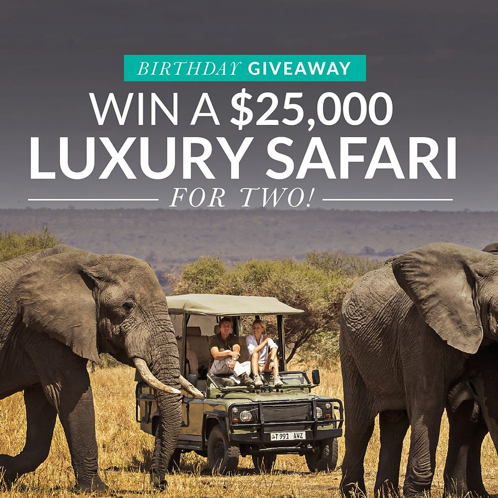 A jeep stands between lions that holds people watching them in Africa. The text says "Birthday Giveaway. Win a $25,000 Luxury Safari for two!"