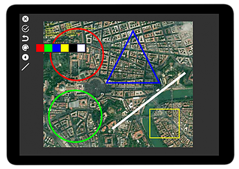 GPS map annotated with colourful shapes