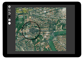 WorkMobile App screen with GPS map annotated with circle shape