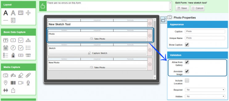 Form Designer screen with Photo field selected and Allow from Gallery and Annotate Image Validation checked