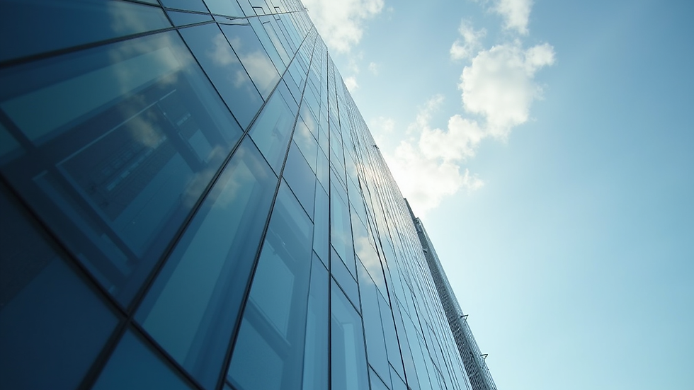 Close-up view of a modern office building reflecting the sky