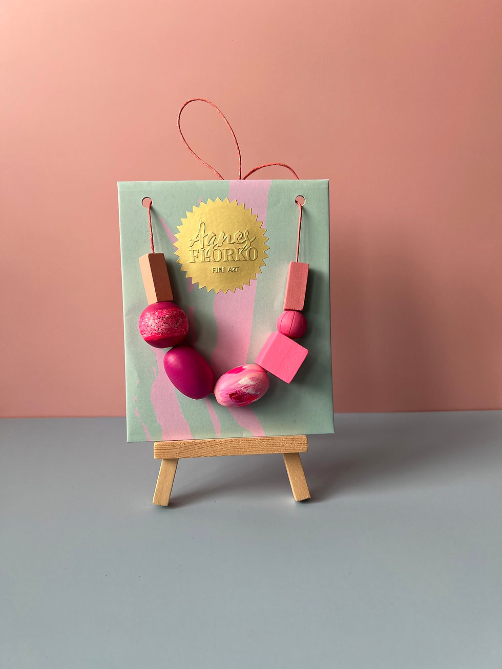 Thumbnail: PINK SHORE hand painted wooden necklace and miniature painting gift set 