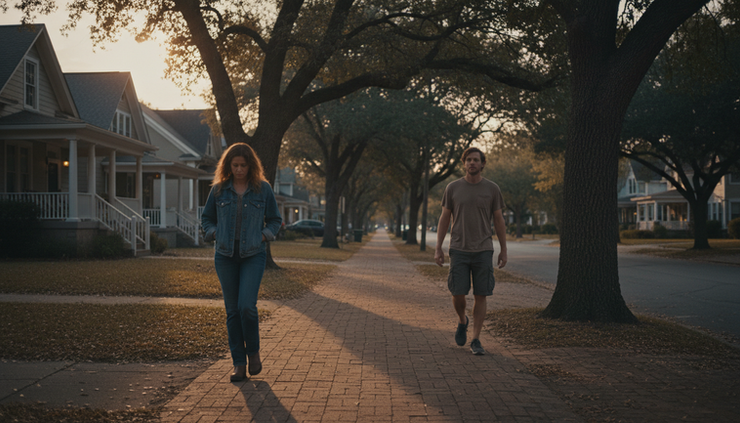 Wide-angle view of two people walking apart on a quiet neighborhood sidewalk at sunset.