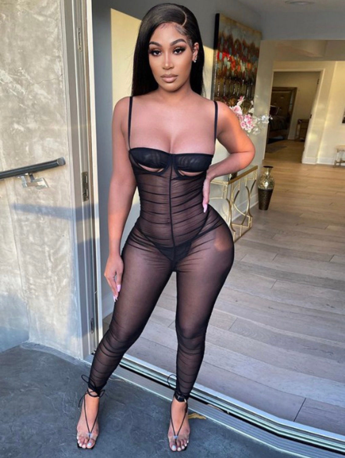 Fashion Sexy Gauze Perspective Camisole Skinny Jumpsuits