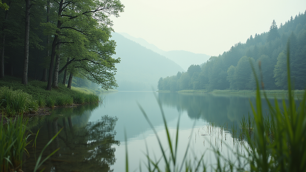 Eye-level view of a serene nature scene with a calm lake