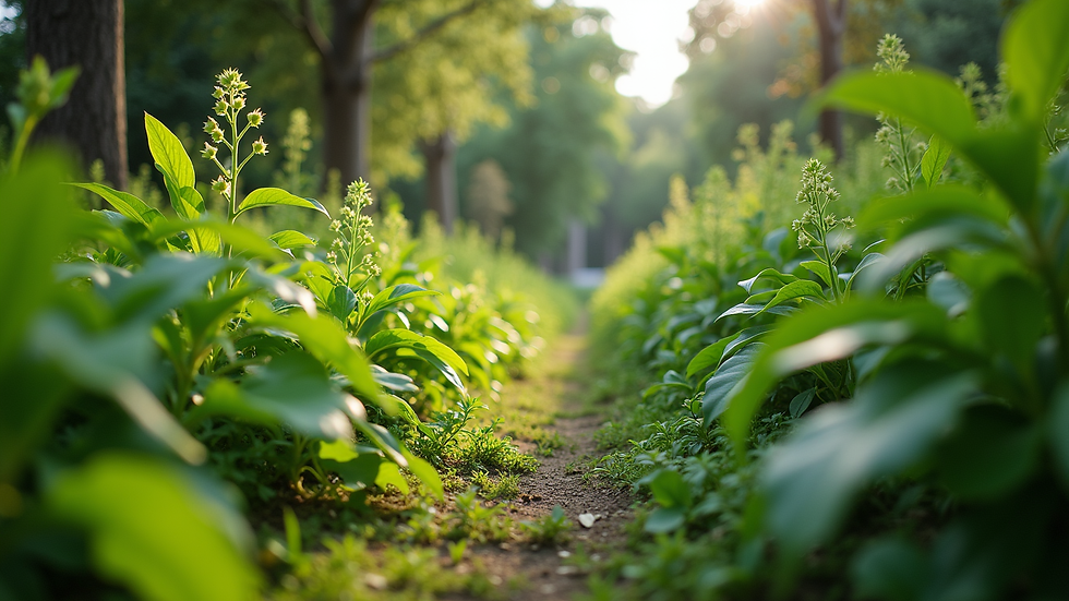 Eye-level view of a lush green garden with diverse plants