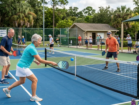 Four seniors playing pickleball on a pickleball court