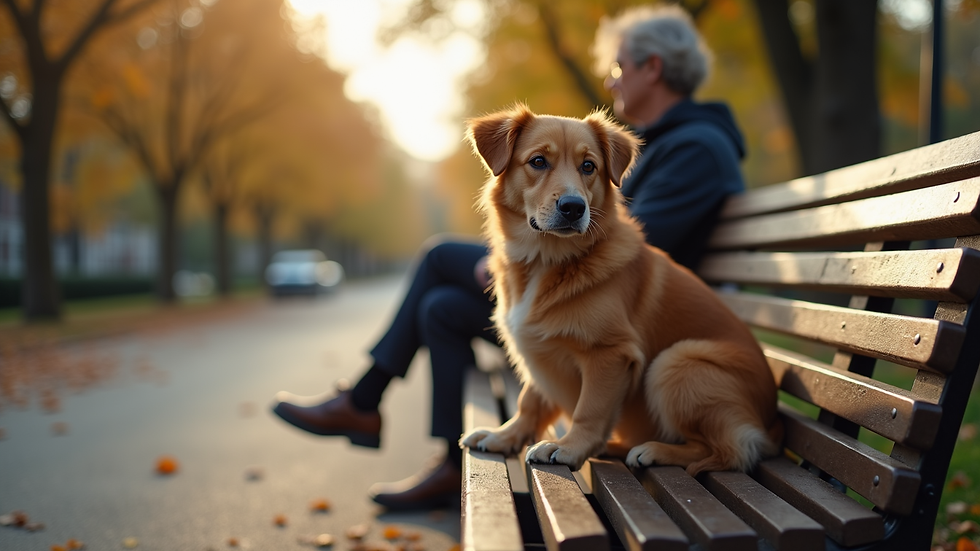 Eye-level view of a therapy dog sitting beside a person on a park bench