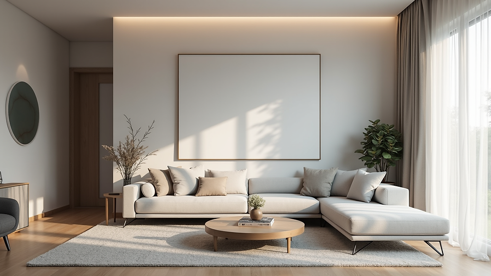 Eye-level view of a modern living room with a large digital art print on the wall