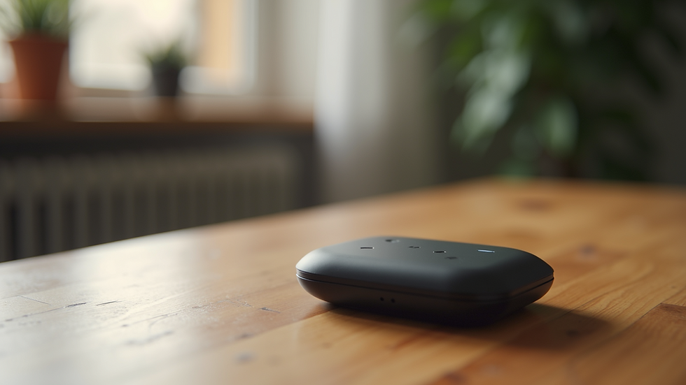 Close-up view of a smart pillbox device on a wooden table