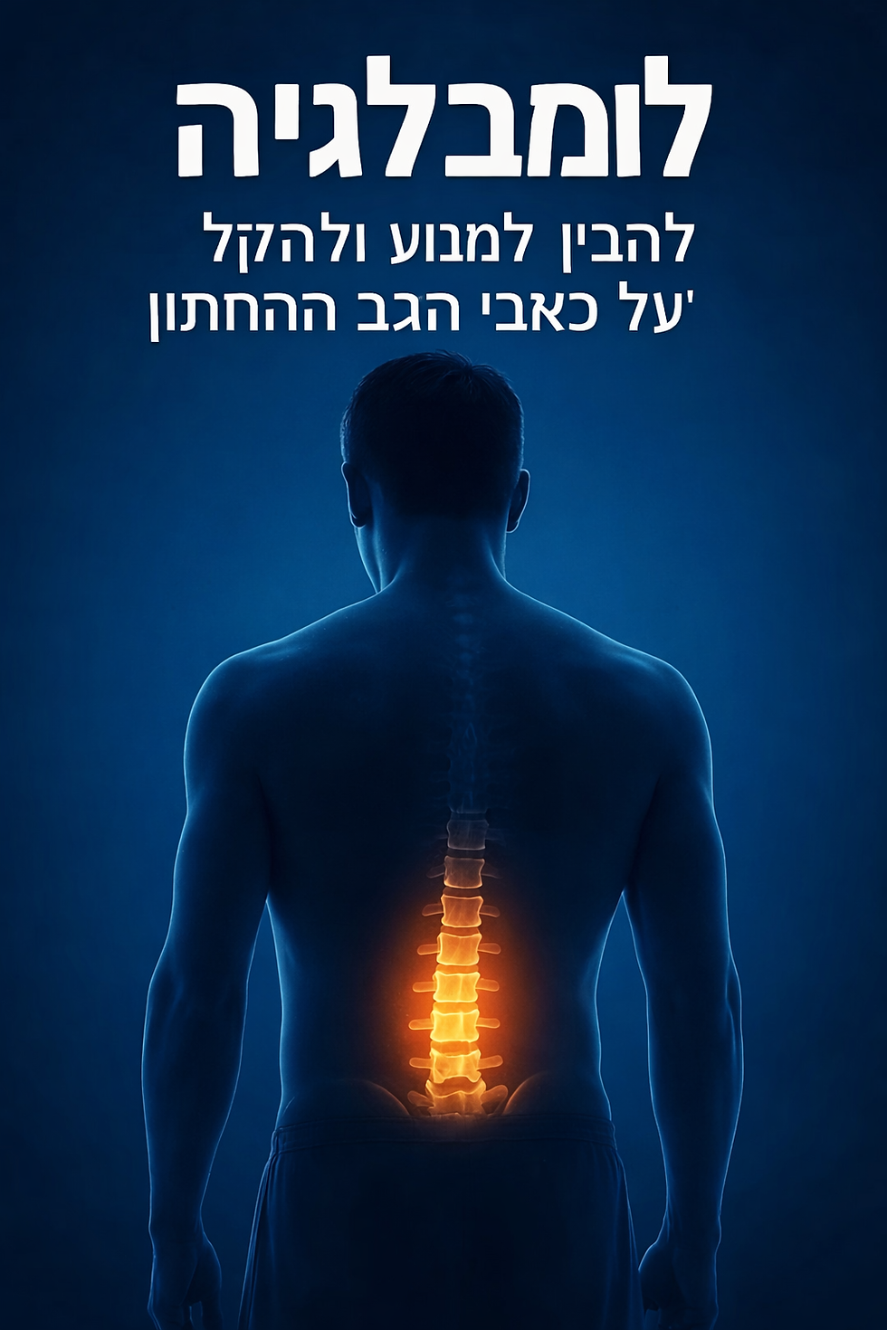 אילוסטרציה רפואית של גבר המוצג מהגב עם הדגשה זוהרת באזור החוליות המותניות, המסמנת כאב גב תחתון, עם כיתוב עליון “לומבלגיה – להבין, למנוע ולהקל על כאבי הגב התחתון”.