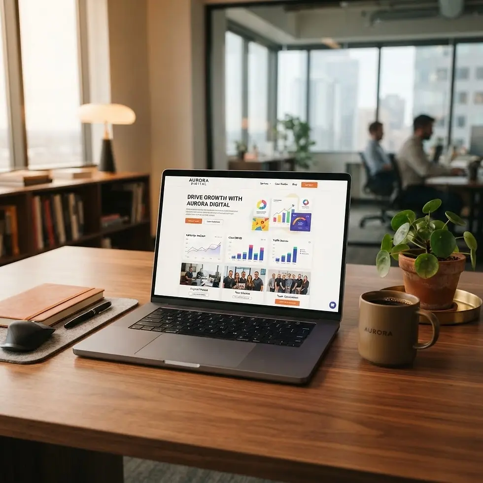 Digital illustration of a laptop on a wooden desk displaying a business website with analytics. The scene is set in a bright, modern office with a city view, conveying productivity.