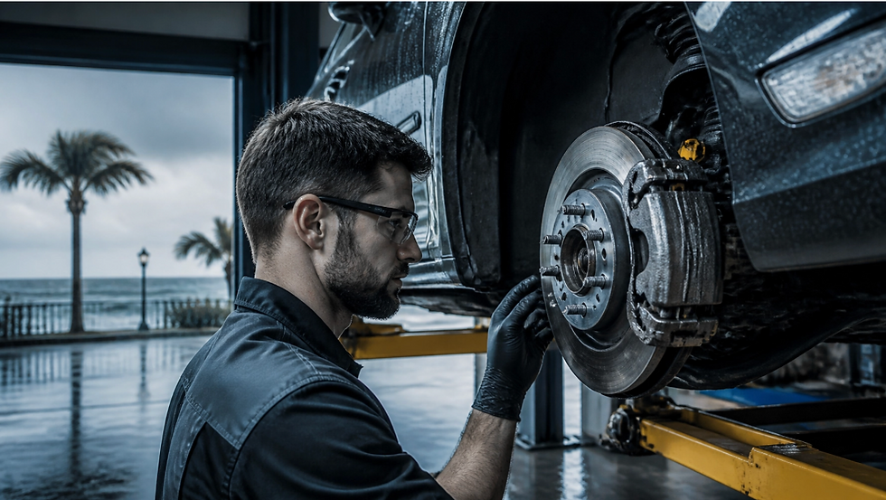 Certified technician inspecting front brake components for brake repair venice fl with storm-season conditions in Venice, Florida