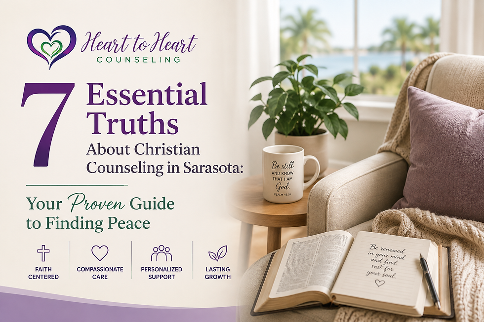 purple and cream infographic featuring text regarding 7 essential truths about christian counseling in sarasota. comfortable chair with a blanket and a journal. table with coffee cup and green plant.