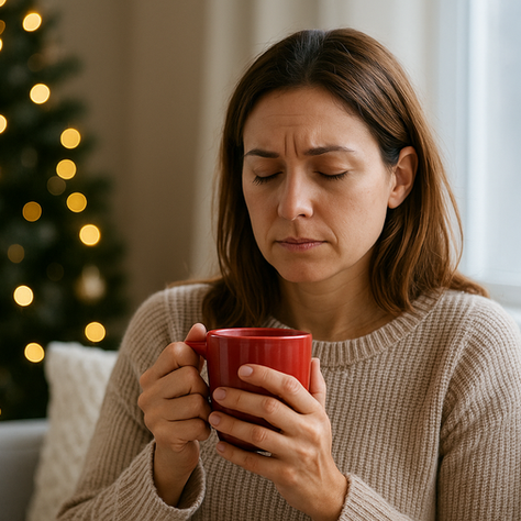 "A woman sitting by a window during the holidays holding a red mug, eyes closed in a moment of calm reflection, with a softly lit Christmas tree in the background symbolizing stress management and mindfulness."