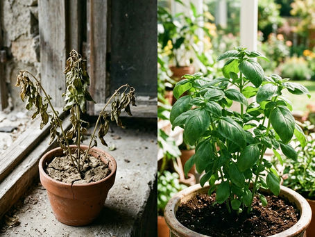 Rostlina, která má špatné podmínky a chřadne. Rostlina, která má dobré podmínky a prospívá.