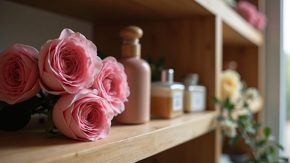 Vue en plongée d’une collection de bougies parfumées artisanales sur une étagère en bois
