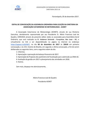 Edital de Convocação da Assembleia Ordinária para Eleição da Diretoria da Associação Catarinense de 