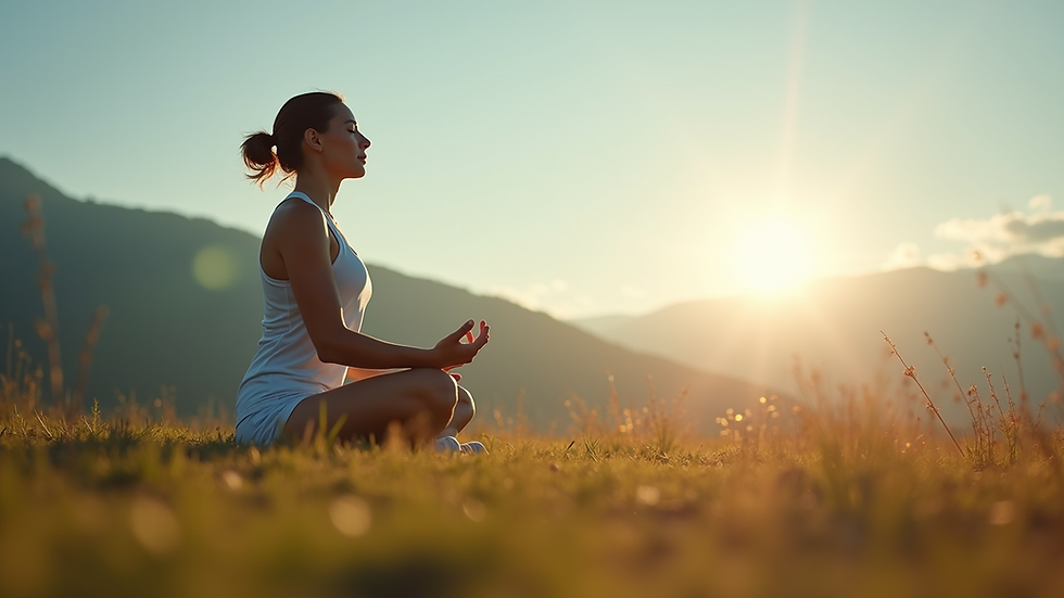 Eye-level view of athlete meditating outdoors