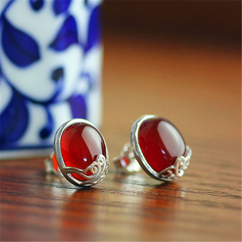 Thumbnail: Red Agate Stud Earrings Wood Background