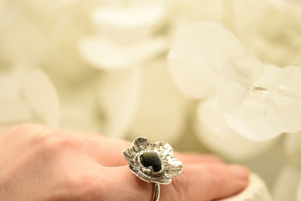Large Flower Labradorite Ring Worn On Finger