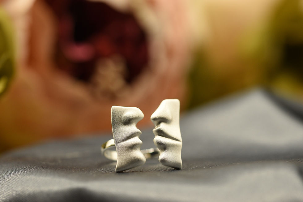 Thumbnail: Two Half Faces First Kiss Ring Rose Background
