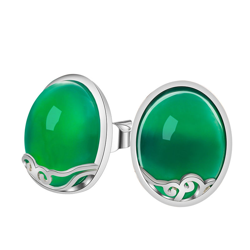 Silver Vintage Style Green Agate Stud Earrings