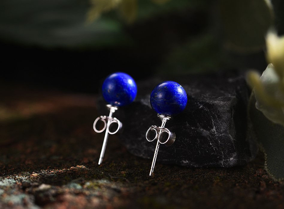 Thumbnail: Deep Blue Lapis Crystal Stud Earrings  Black Background