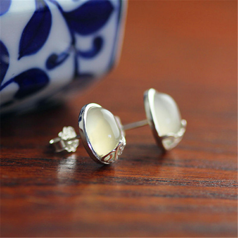 Thumbnail: White Agate Stud Earrings Wood Background