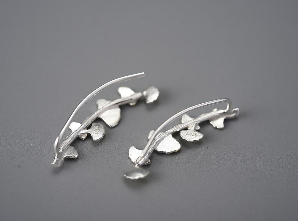 Thumbnail: Ginkgo Ear Climber Earrings Back View Grey Background