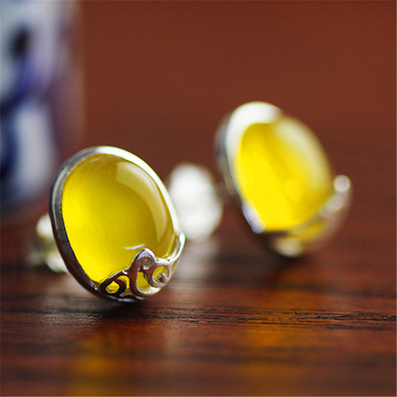 Thumbnail: Yellow Agate Stud Earrings Wood Background