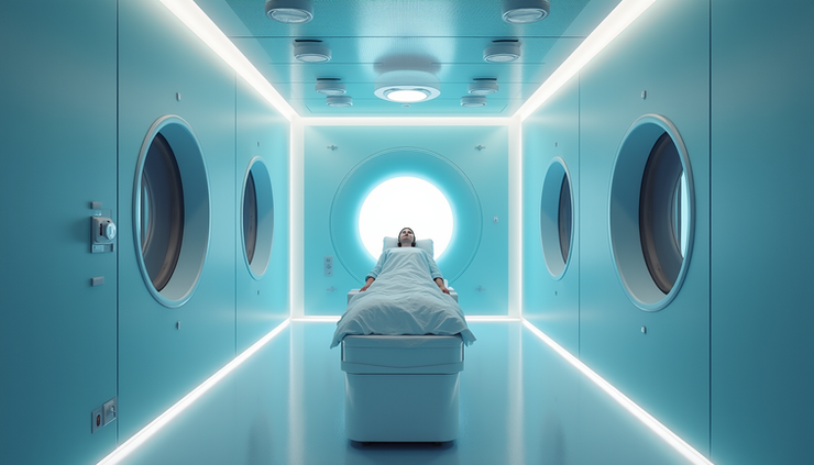 Eye-level view of a hyperbaric oxygen therapy chamber in a clinical setting