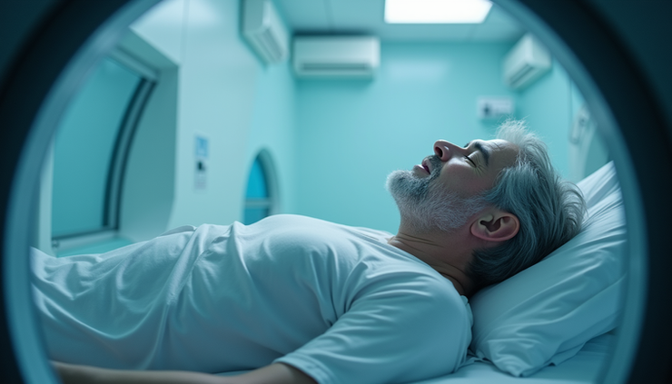 Close-up view of a hyperbaric oxygen chamber with a patient inside