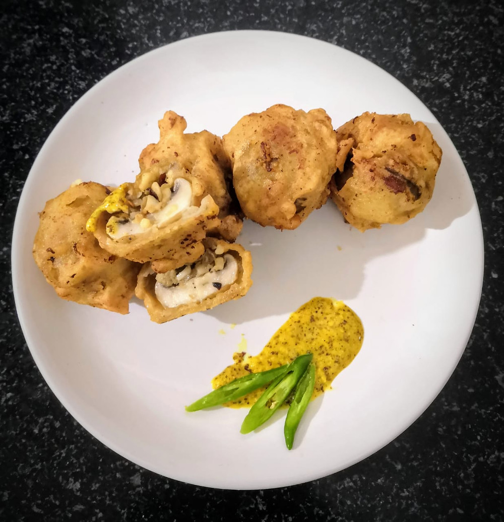 batter-fried stuffed mushrooms recipe, deep fried stuffed mushrooms recipe, mushroom recipes, indian food blog, indian recipe blog whiskmixstir, sheetal jandial