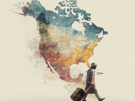 An American walking out of America with a suitcase
