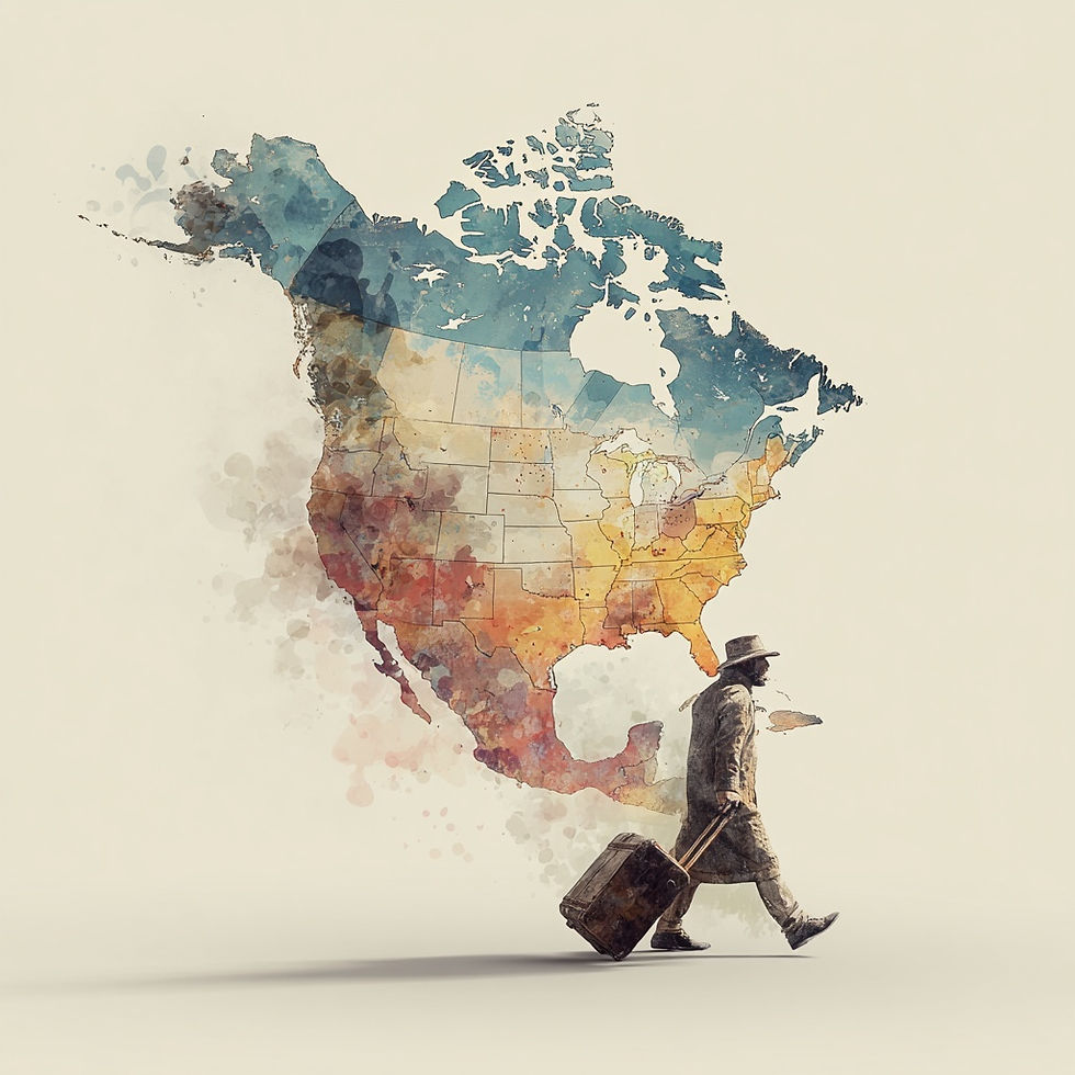 An American walking out of America with a suitcase