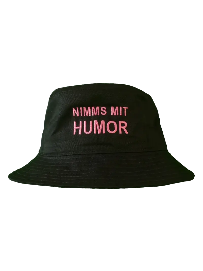 Miniaturbild: Fischerhut schwarz mit Spruch NIMMS MIT HUMOR; Sommerhut bei Haarausfall durch Alopecia areata oder Chemotherapie