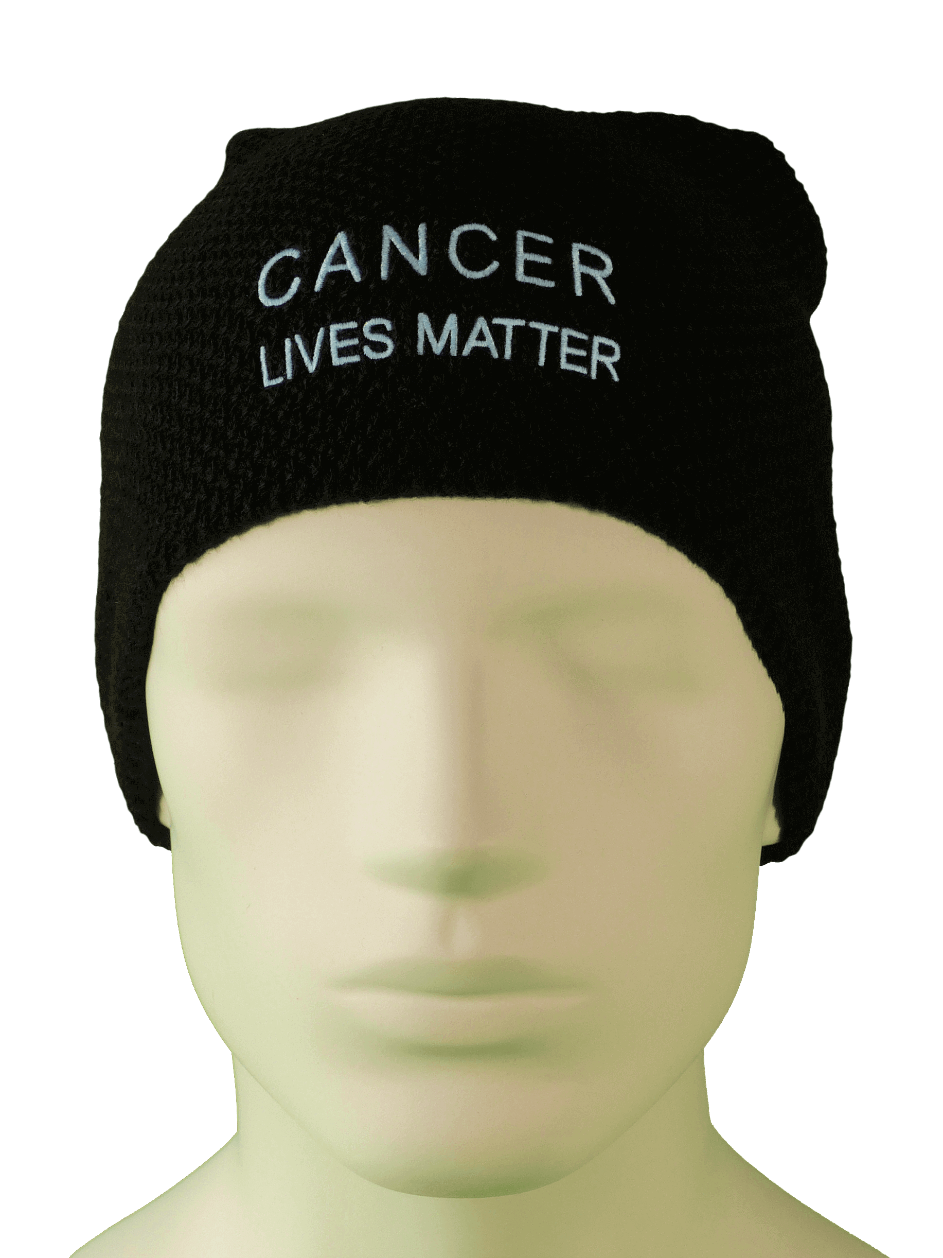 Ansicht frontal: Strick-Beanie schwarz mit Spruch CANCER LIVES MATTER; Kopfbedeckung für Krebspatienten in Deutschland