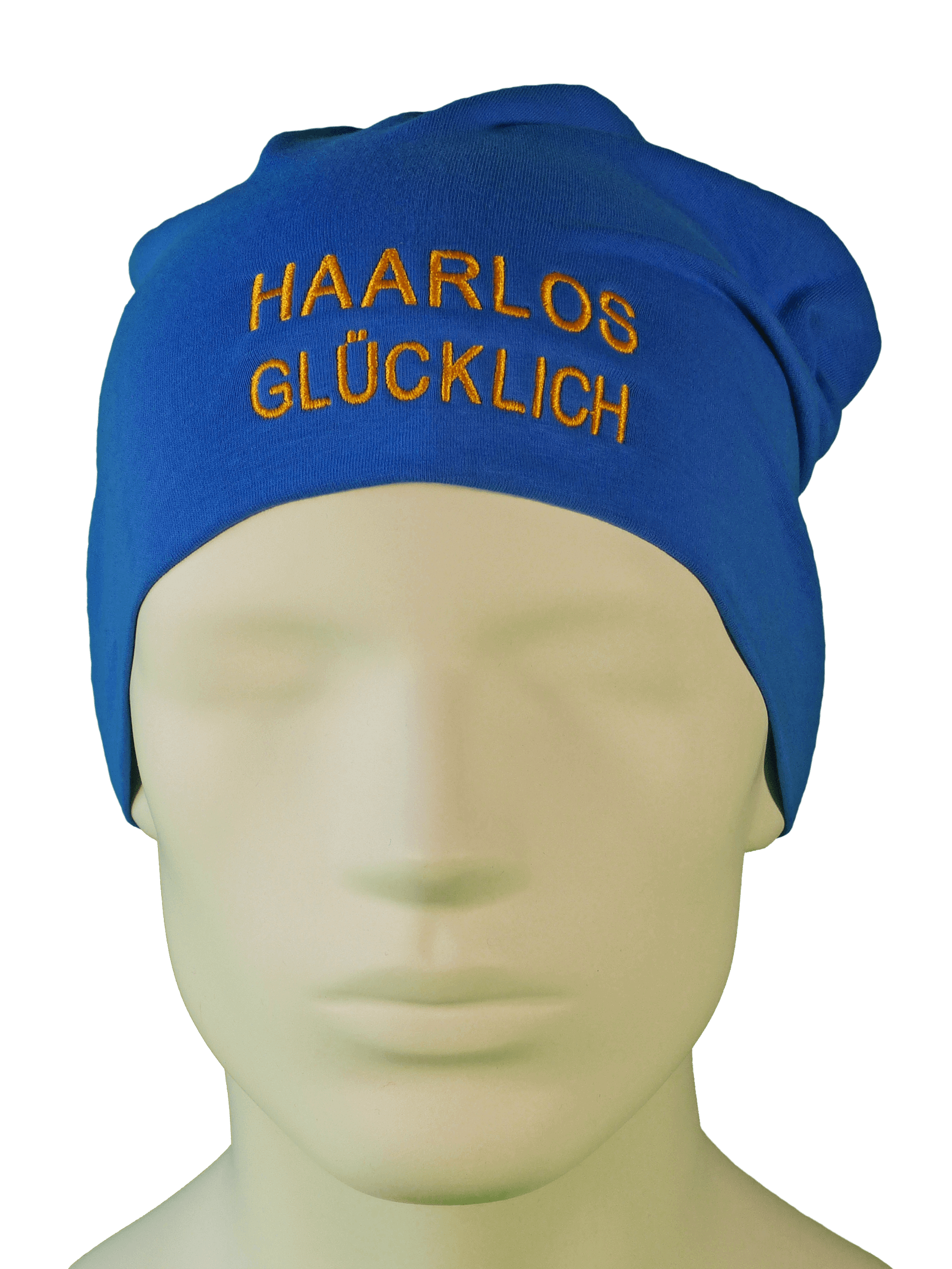Ansicht frontal: Beanie blau mit Spruch HAARLOS GLÜCKLICH; leichtes Chemo Beanie für Österreich