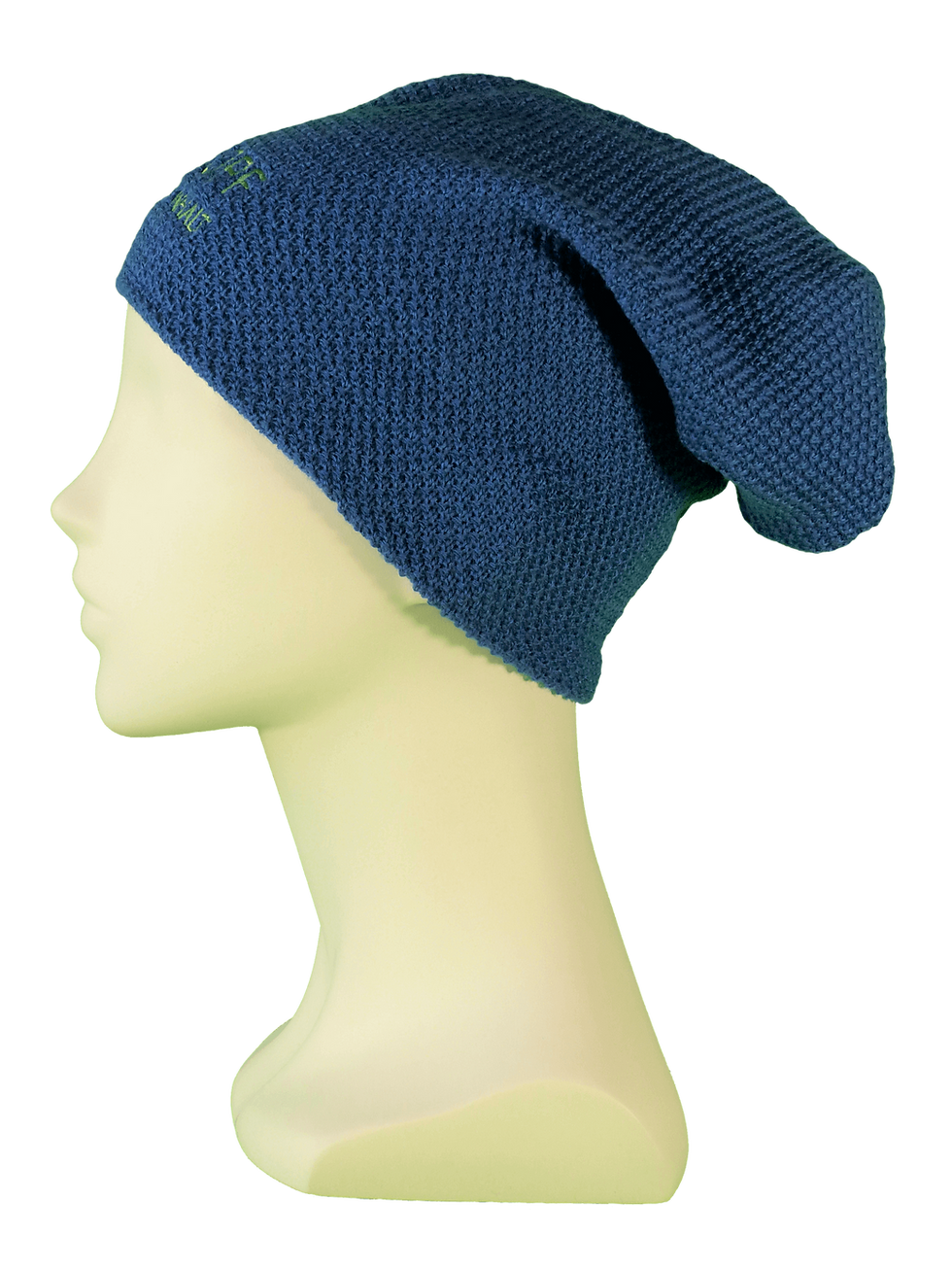 Miniaturbild: Ansicht seitlich: Strick-Beanie blau mit Spruch KAHLKOPF MIT SMARTEM INHALT; weiches und warmes Beanie bei Chemo