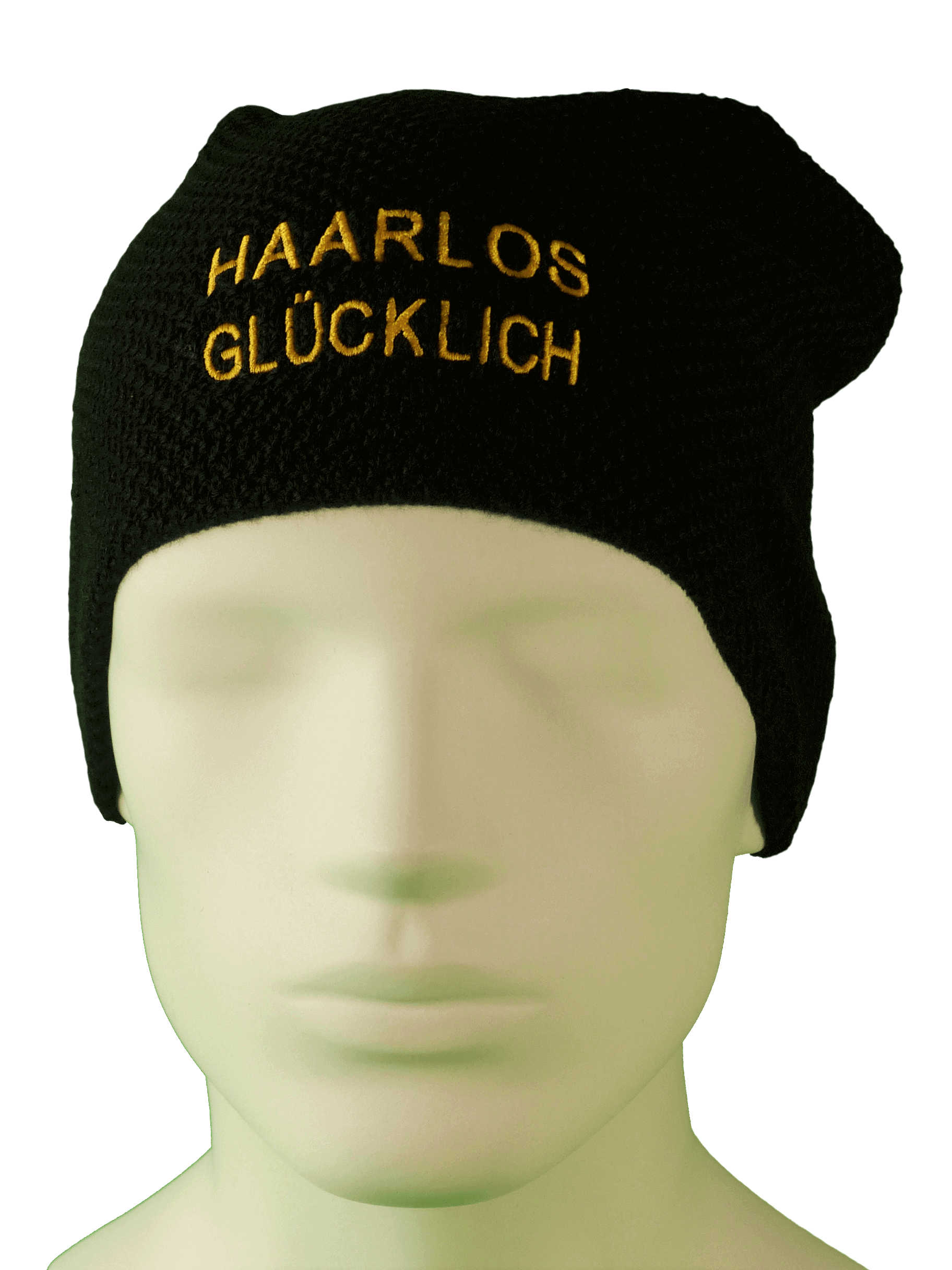 Ansicht frontal: Strick-Beanie schwarz mit Spruch HAARLOS GLÜCKLICH; Kopfbedeckung bei Haarverlust durch Chemotherapie