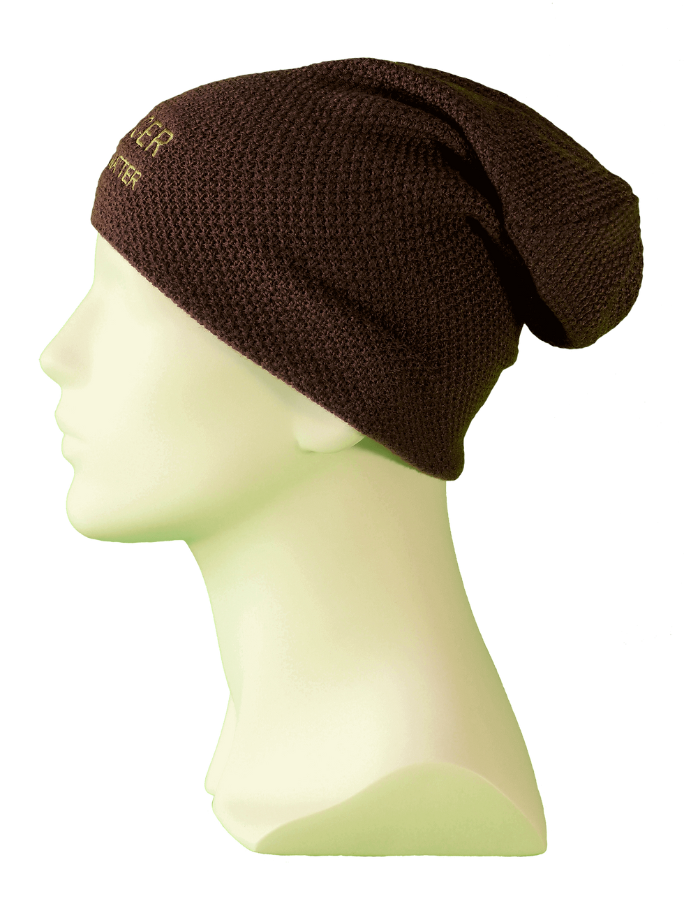 Miniaturbild: Ansicht seitlich: Strick-Beanie bordeaux mit Spruch CANCER LIVES MATTER; Wintermütze bei Krebs