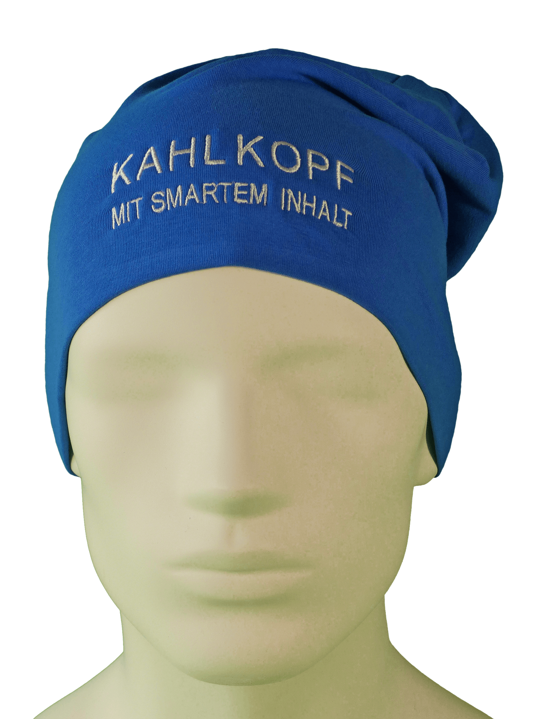 Ansicht frontal: Beanie blau mit Spruch KAHLKOPF MIT SMARTEM INHALT; Krebs Mütze für clevere Köpfe