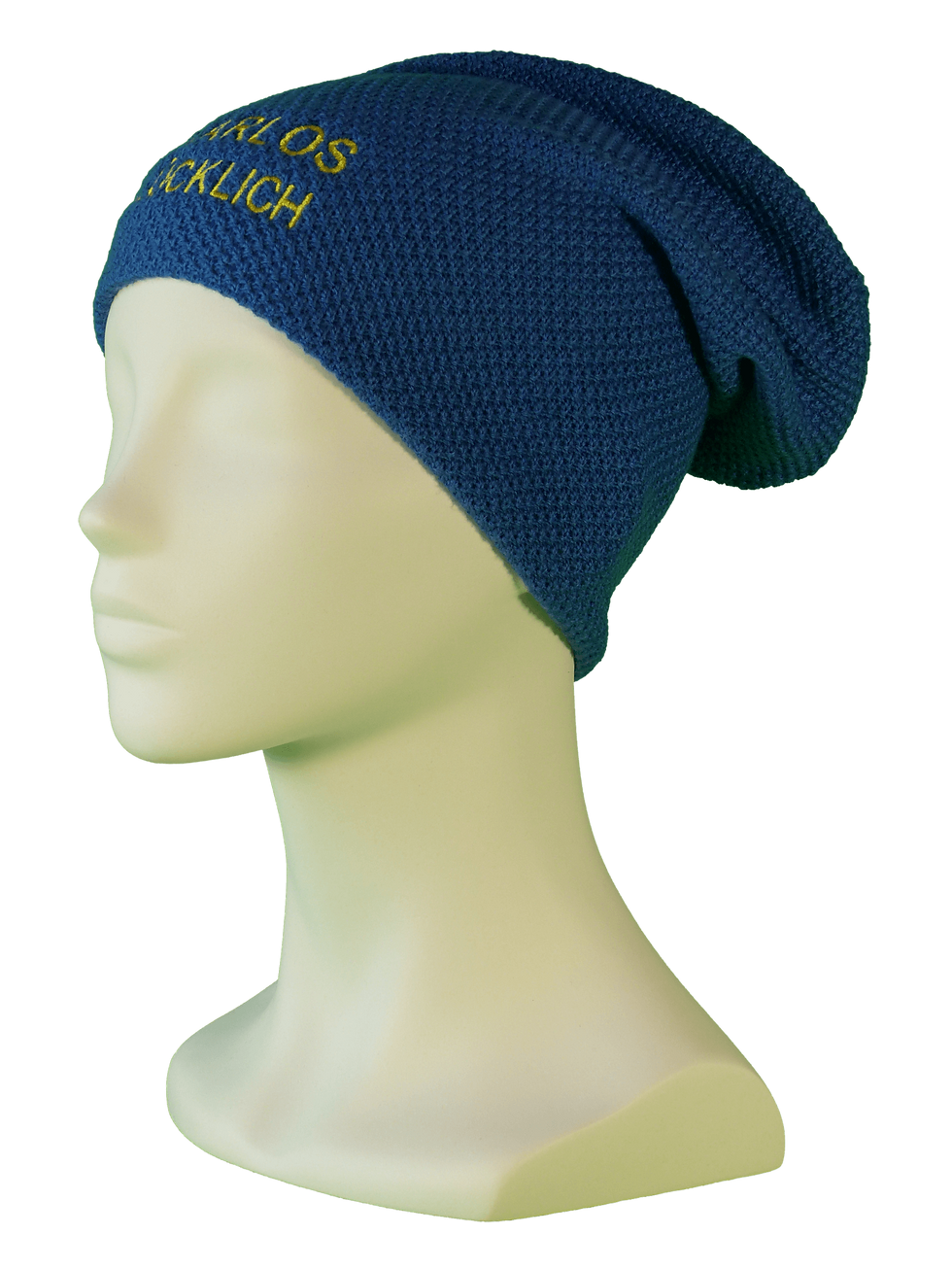 Ansicht links: Strick-Beanie blau mit Spruch HAARLOS GLÜCKLICH; originelle Kopfbedeckung für die haarlose Zeit