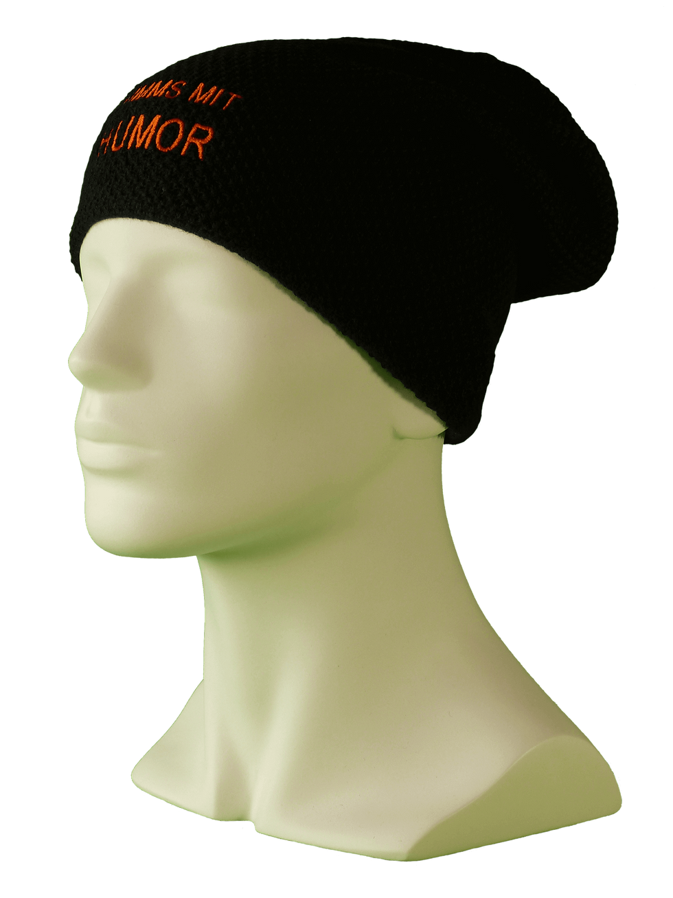 Ansicht links: Strick-Beanie schwarz mit Spruch NIMMS MIT HUMOR; mit Humor besser durch die Chemotherapie