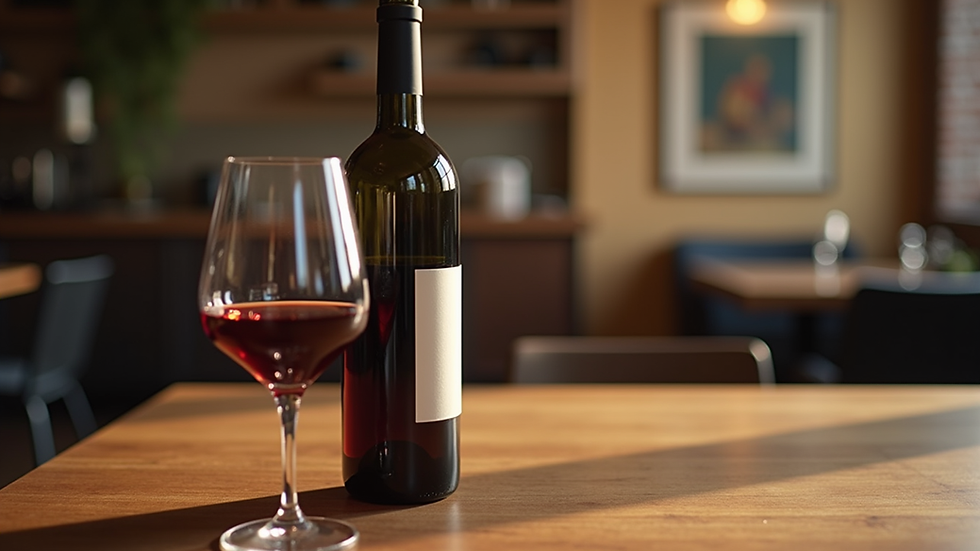 Close-up view of a wine bottle and glass on a wooden table