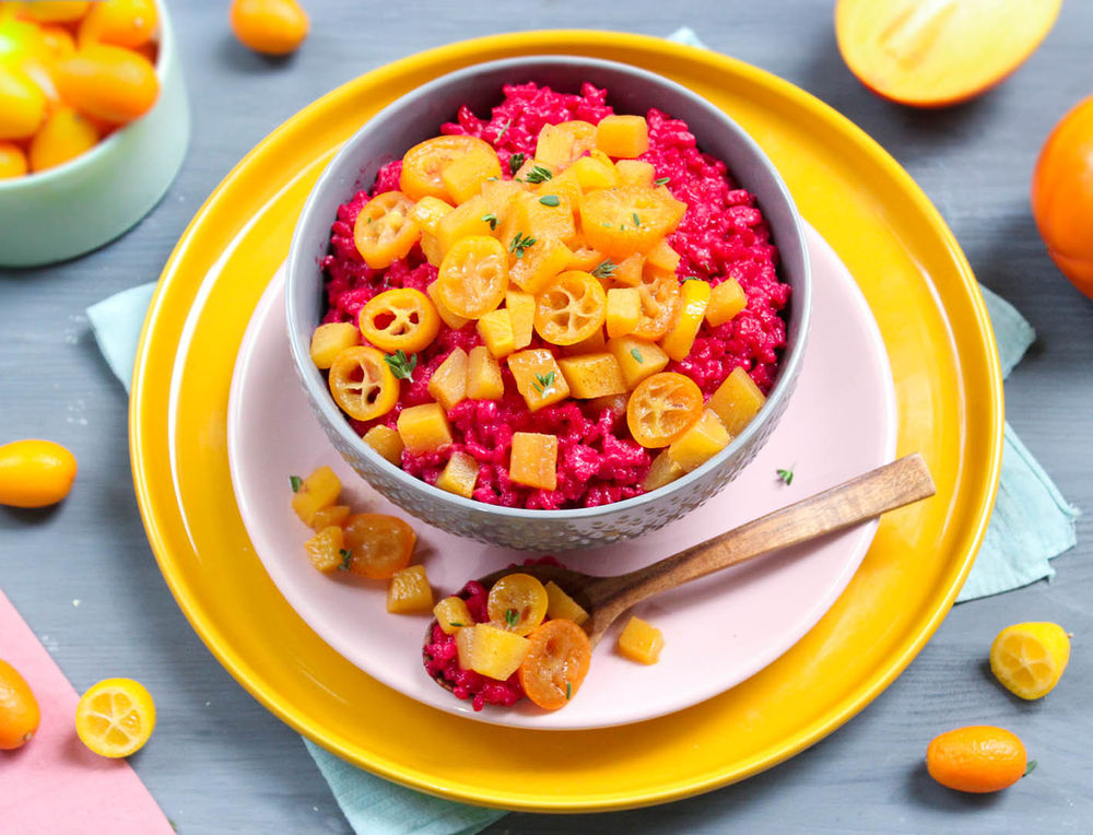 RoteBeteMilchreis mit KakiKumquatKompott & Kurkuma